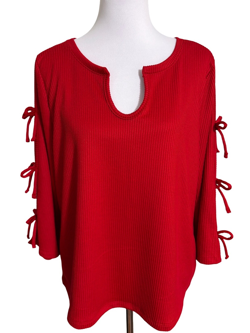 Cato Red Ribbed Scoop-Neck Top with Sleeve Tie Details